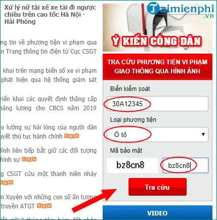 Nhập thông tin biển số xe và loại phương tiện để tra cứu