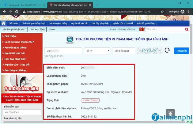 Kết quả tra cứu chi tiết vi phạm giao thông theo biển số xe