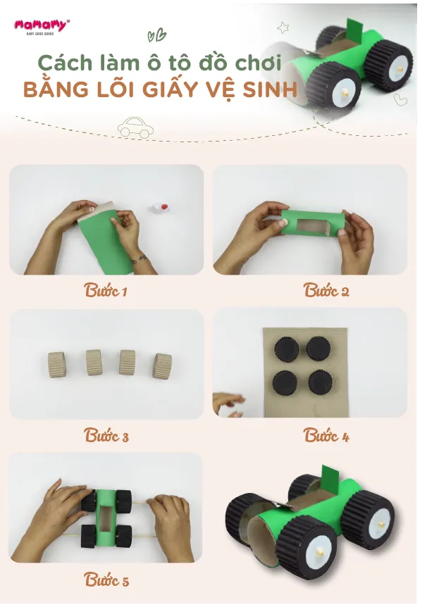 Tạo hình chiếc ô tô từ lõi giấy vệ sinh với bánh xe và buồng lái đã cắt