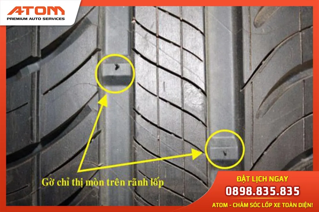 Khi gai lốp mòn ngang bằng với vạch chỉ thị độ mòn lốp, cần thay lốp mới ngay