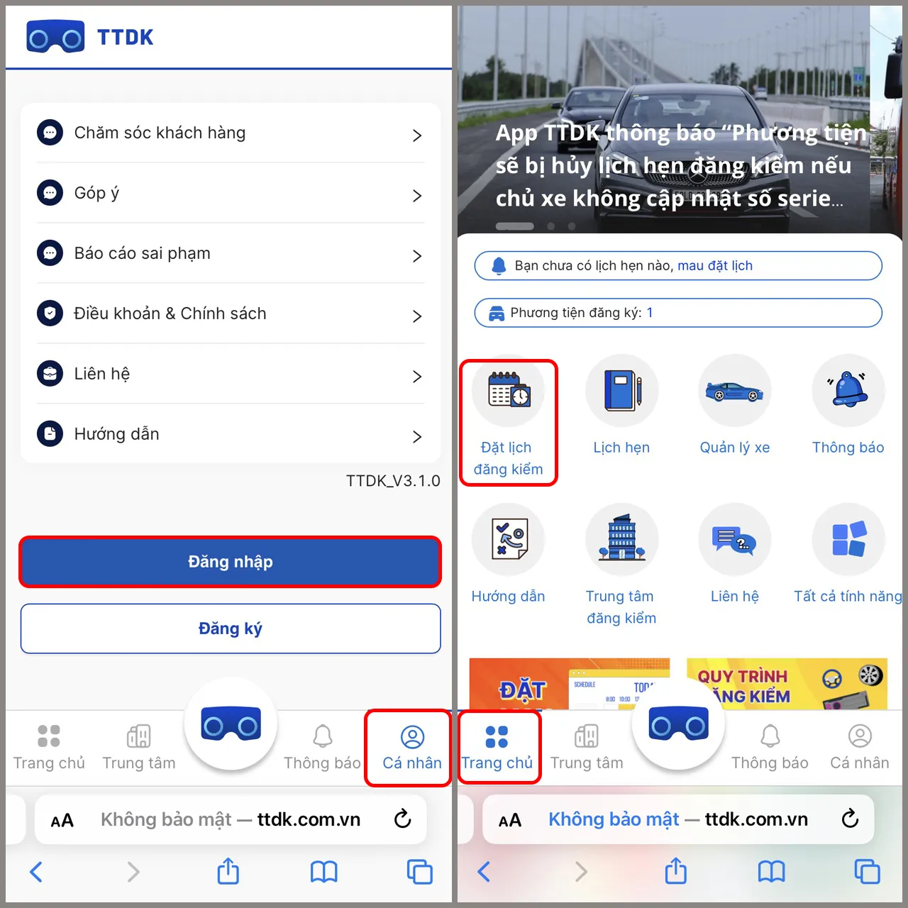 Giao diện trang web TTDK, mục Cá nhân và Đặt lịch đăng kiểm