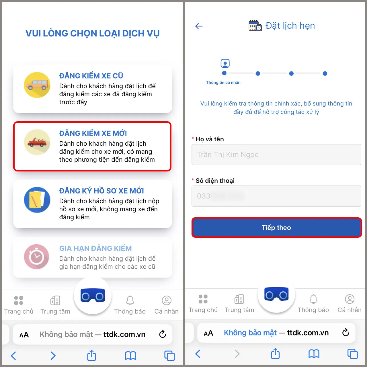 Giao diện chọn loại dịch vụ và xác nhận thông tin cá nhân trên web