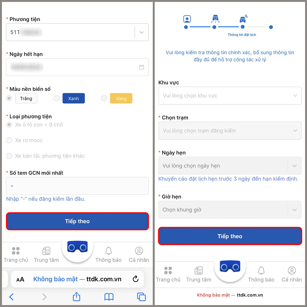 Giao diện nhập thông tin xe và chọn trạm đăng kiểm trên web