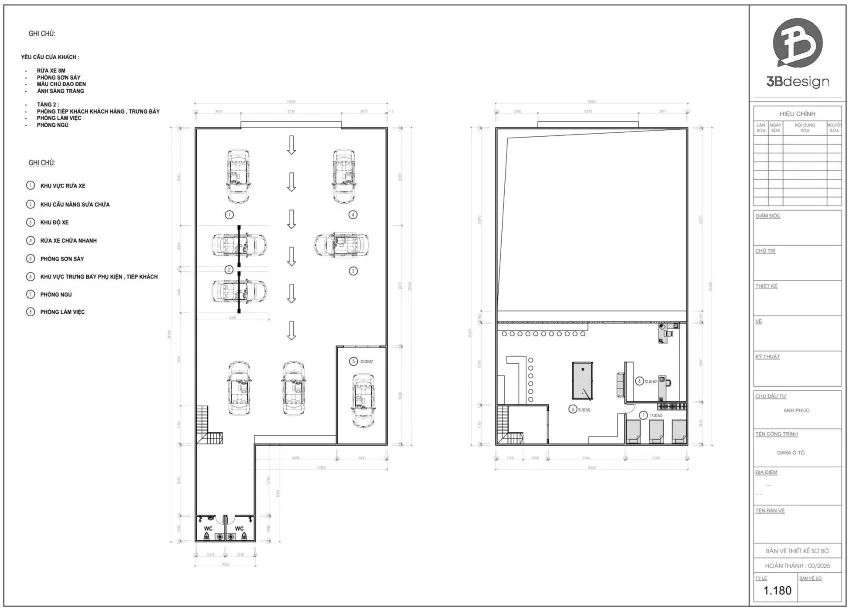 Mặt bằng công năng chi tiết của xưởng gara 2 tầng