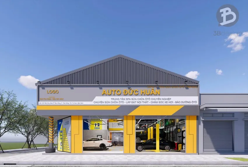 Thiết kế mặt tiền phía trước xưởng sửa chữa ô tô tại Bắc Ninh