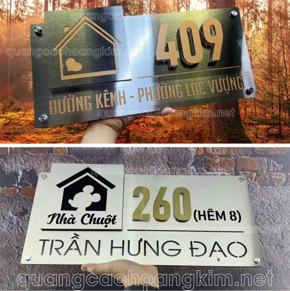 Mẫu biển số nhà với số và tên được khắc nổi trên nền đá