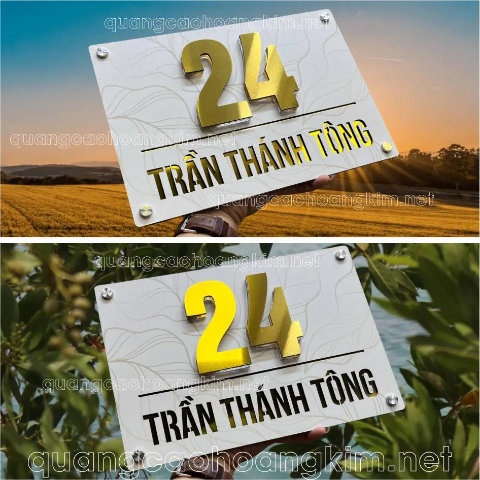 Biển số nhà phong cách tối giản, chữ số lớn trên nền kim loại xước