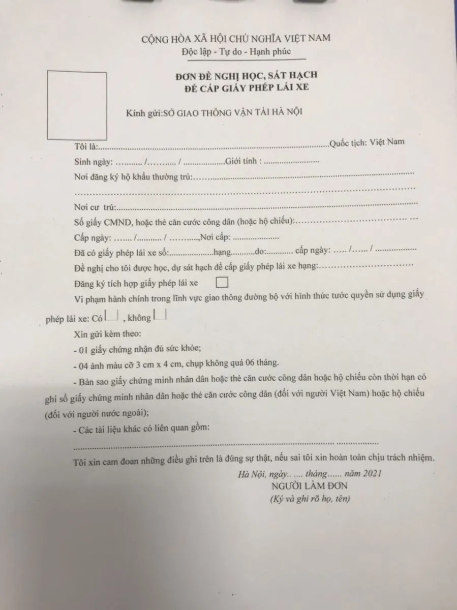 Mẫu đơn học lái xe ô tô hạng B2 và các trường thông tin cần điền