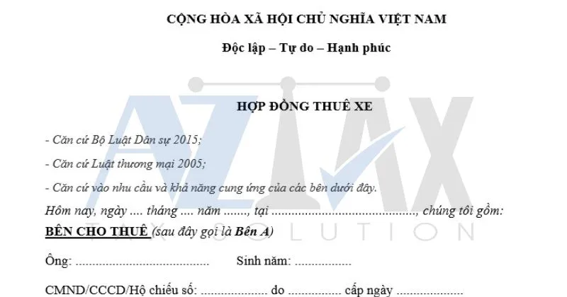 Mẫu hợp đồng thuê xe ô to của cá nhân