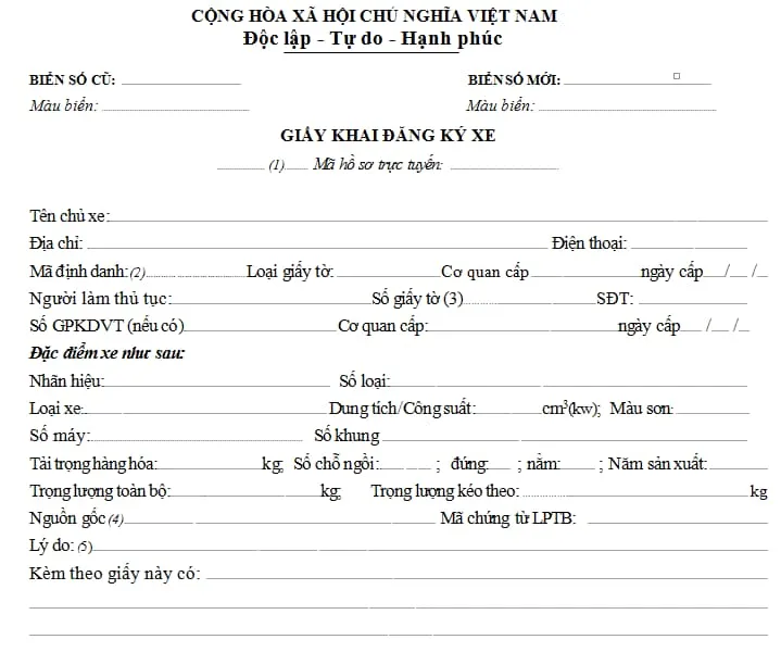 Mẫu giấy khai đăng ký xe cơ giới mới nhất được áp dụng theo Thông tư của Bộ Công an