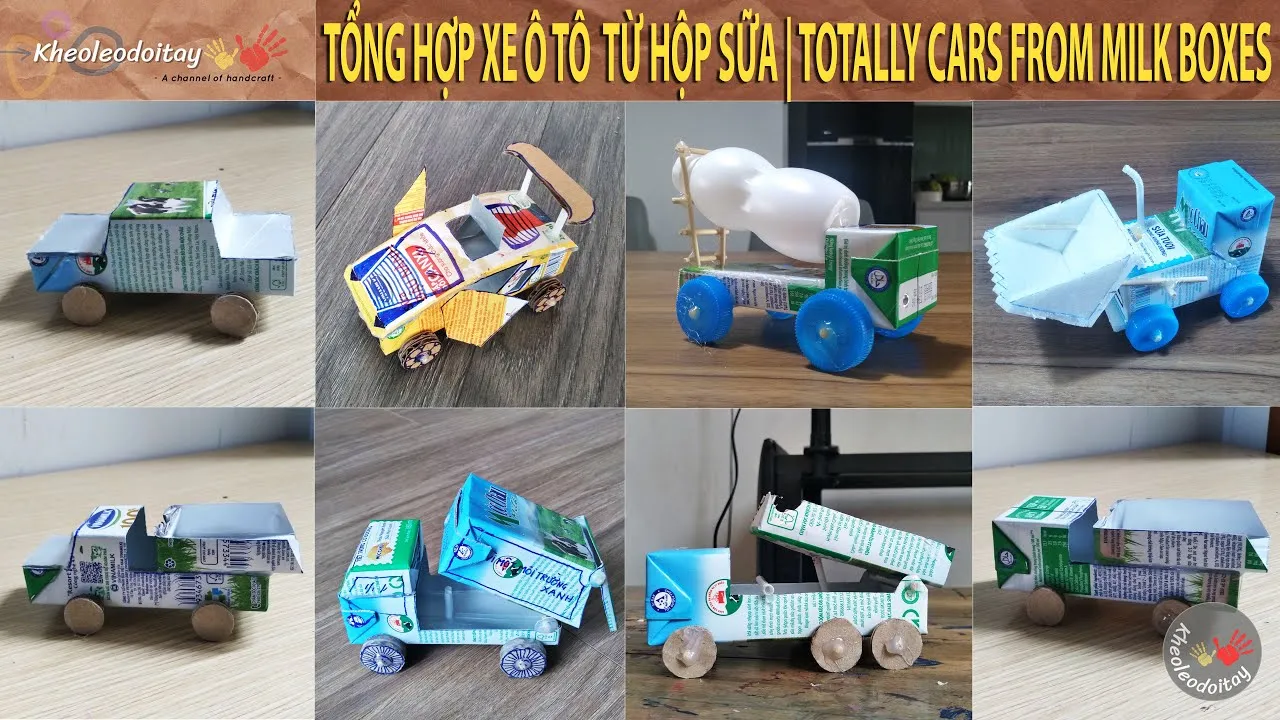 Xe ô tô thủ công được làm từ hộp sữa, có bánh xe và trục quay