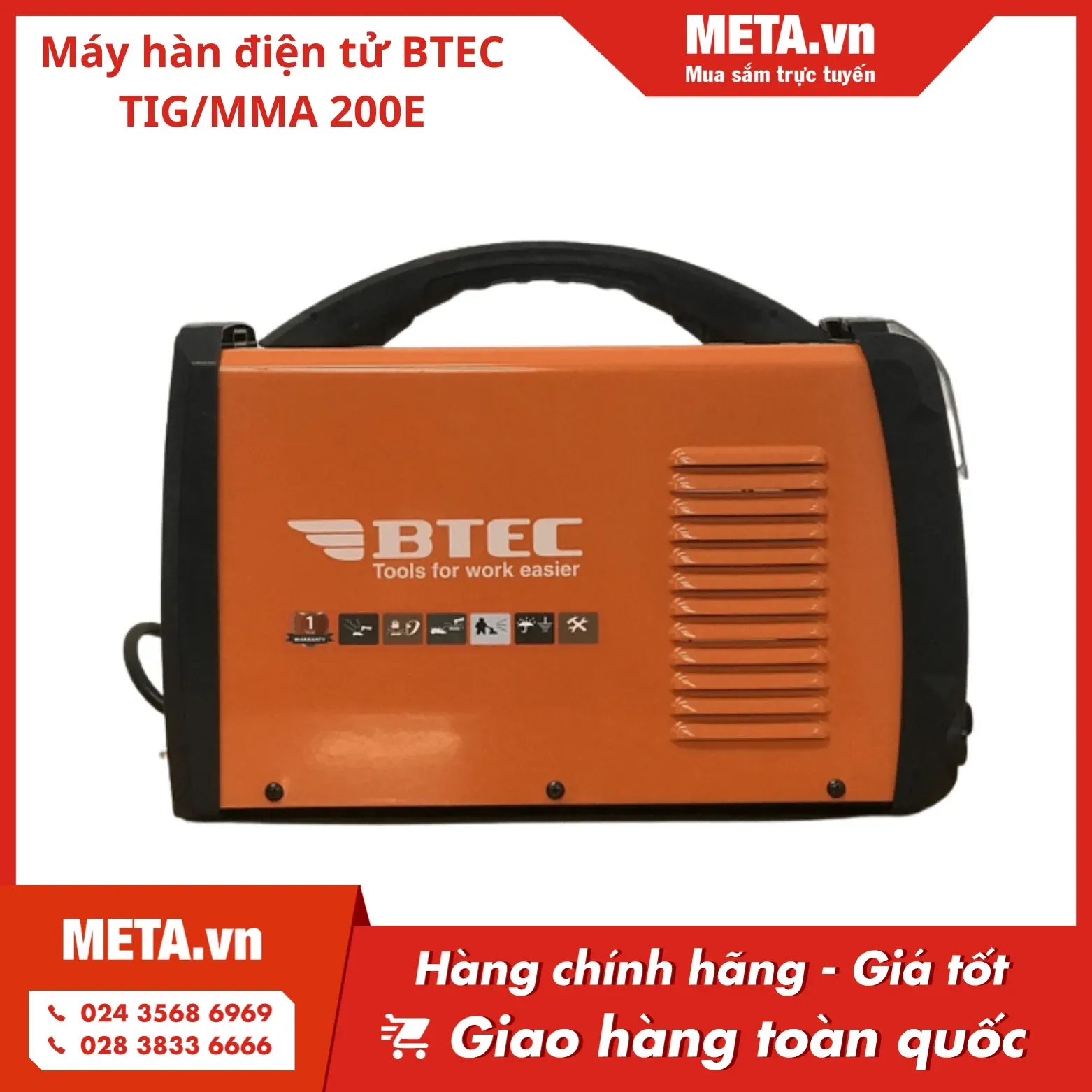 Máy hàn TIG 2 chức năng BTEC TIG/MMA 200E có vỏ màu vàng đen, thiết kế nhẹ và dễ điều khiển