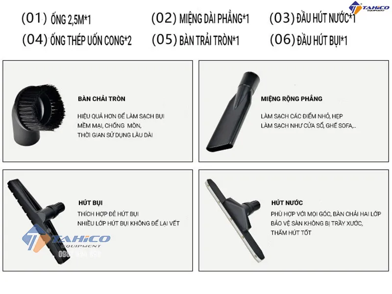Bảng mô tả công dụng chi tiết của các loại phụ kiện máy hút bụi công nghiệp