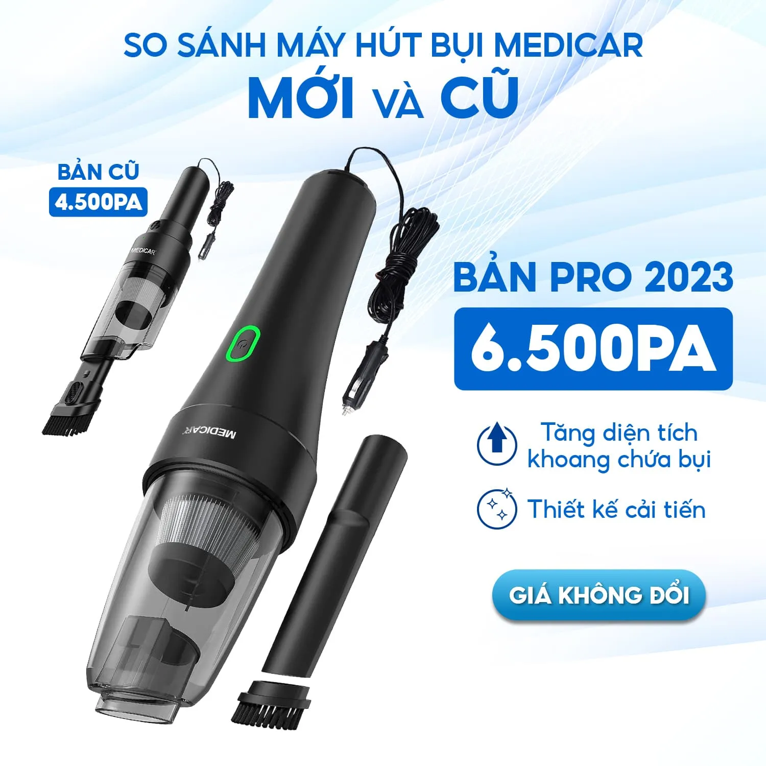 Máy hút bụi ô tô Medicar Pro với thiết kế nhỏ gọn, hiện đại và dây cắm dài 4 mét