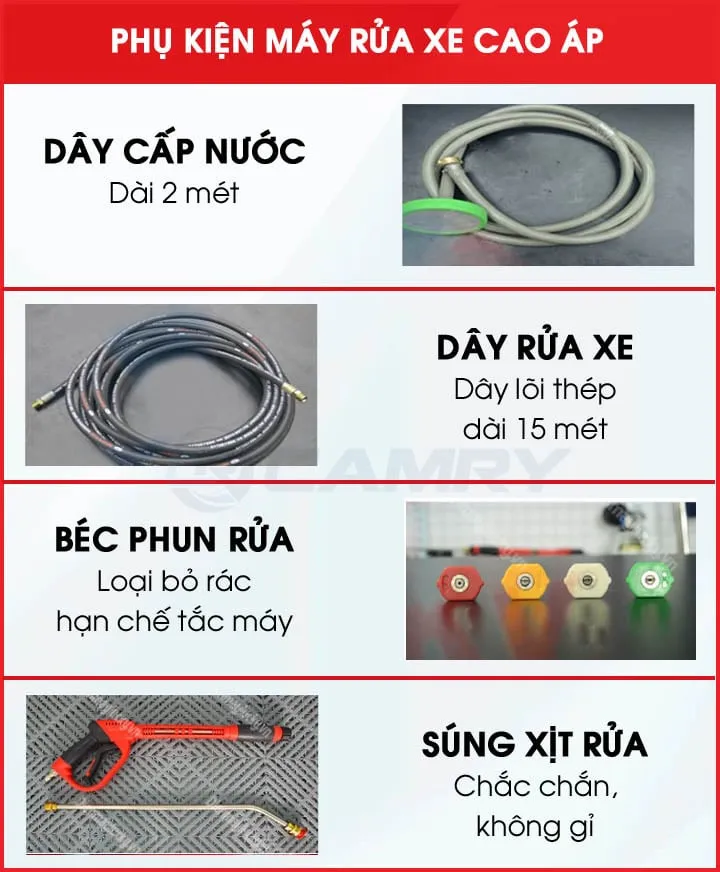Bộ phụ kiện đi kèm máy rửa xe ô tô cao áp tiêu chuẩn