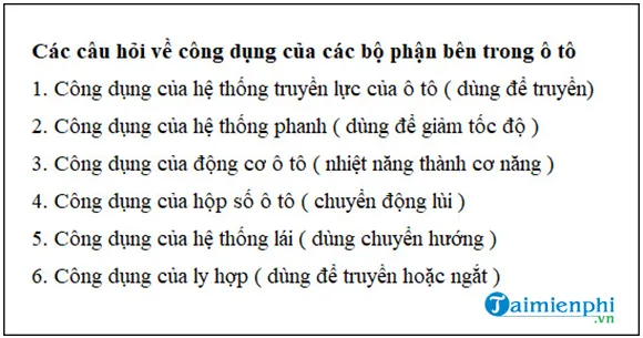 Hình ảnh mô tả một phần câu hỏi về cấu tạo và kỹ thuật lái xe ô tô, là một phần quan trọng của đề thi B2