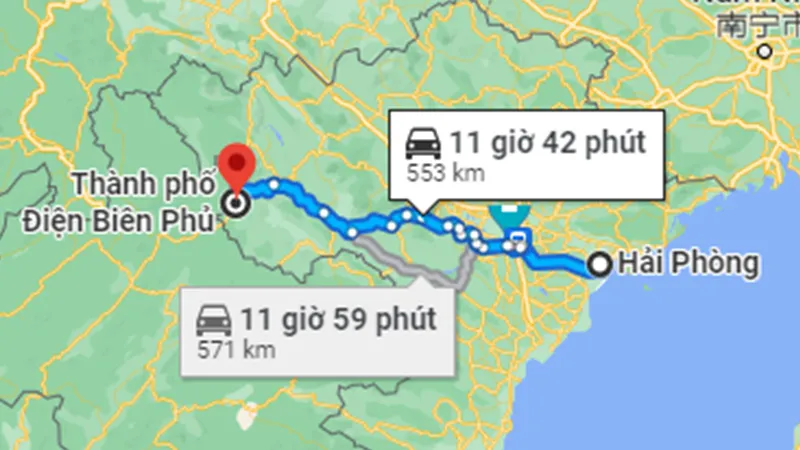 Khoảng cách từ Hải Phòng đến Điện Biên bằng đường bộ