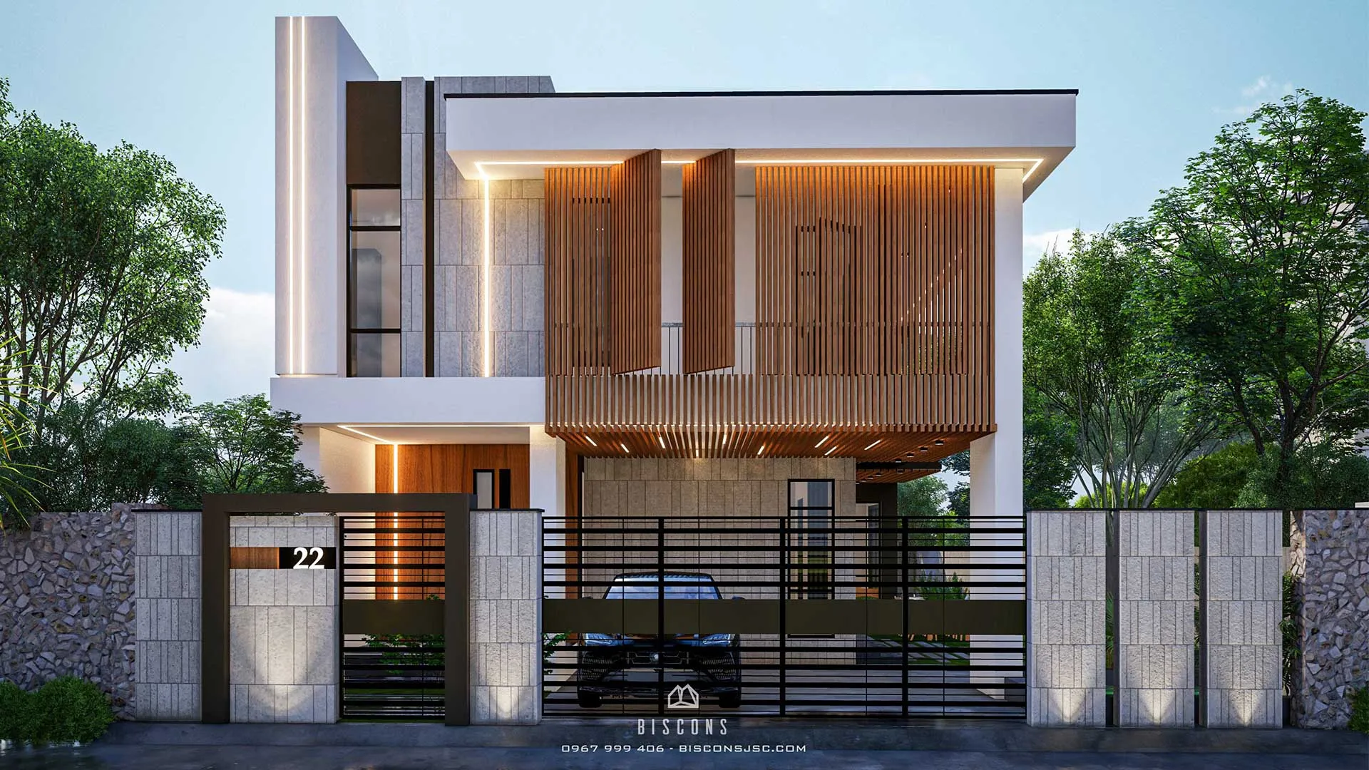 Phối cảnh nhà phố hiện đại với gara ở tầng trệt