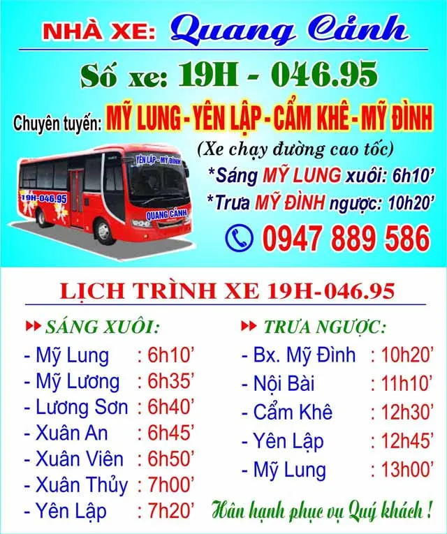 Xe khách Quang Cảnh chuyên tuyến Phú Thọ đi bến xe Mỹ Đình Hà Nội