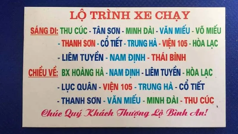 Lộ trình chi tiết của nhà xe Tuấn An từ Tân Sơn đến Thái Bình