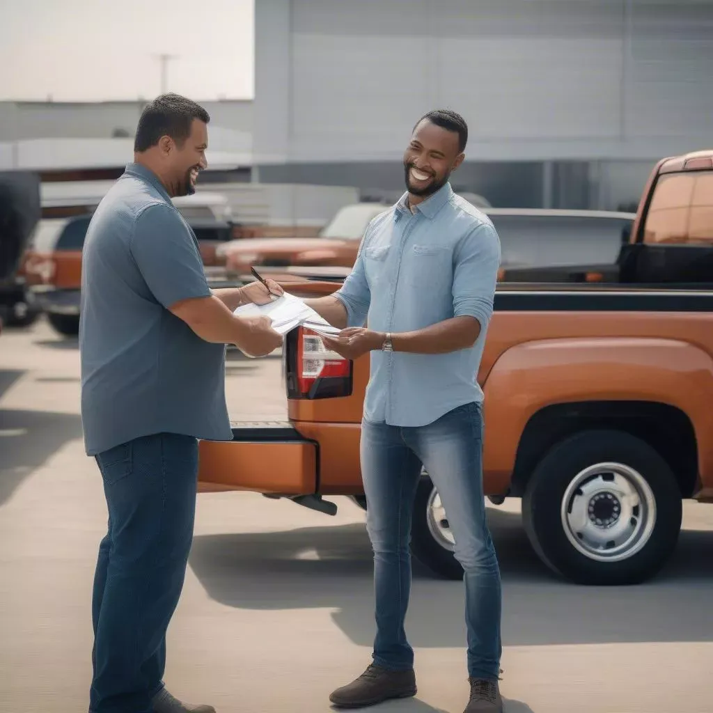 Hai bên đang tiến hành ký kết biên bản bàn giao và nhận xe ô tô mới