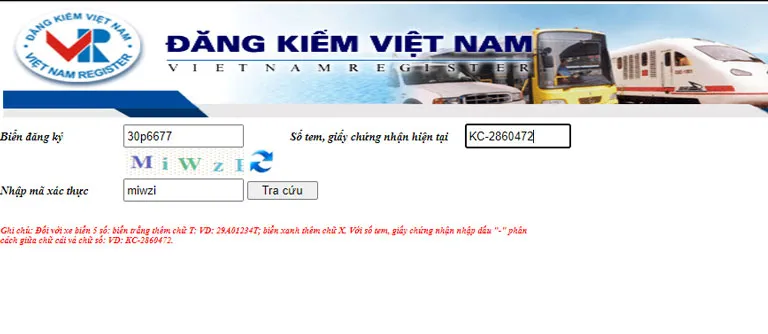 Minh họa các bước nhập thông tin để kiểm tra biển số xe ô tô tại Cục Đăng kiểm Việt Nam