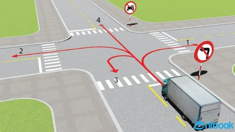 Sa hình câu hỏi những hướng nào ô tô tải được phép đi tại ngã tư có biển cấm rẽ trái