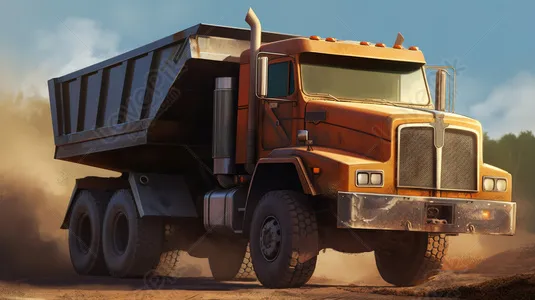 Xe ben màu cam đang hoạt động trên địa hình bụi bặm, thể hiện sức mạnh