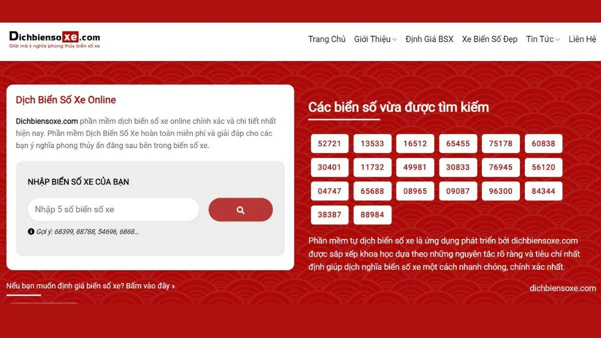 Giao diện trang web Dichbiensoxe.com hỗ trợ dịch biển số xe nhanh với độ chính xác cao cho người dùng