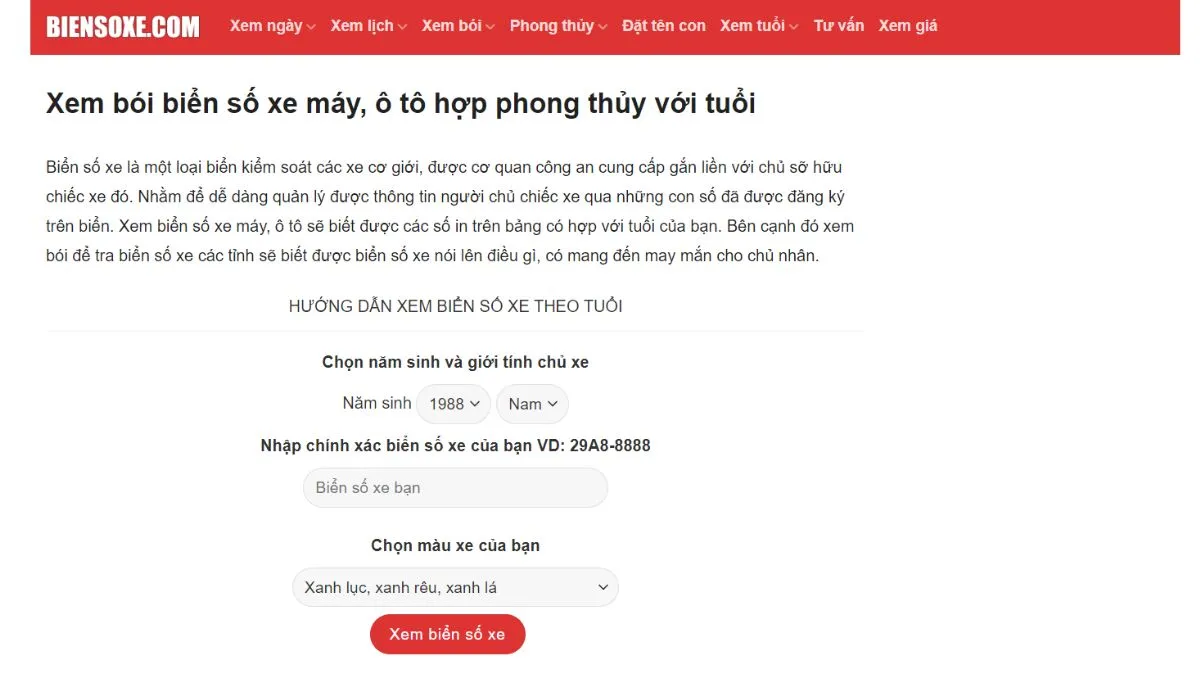 Giao diện phần mềm dịch biển số xe ô tô và xe máy tại website Biensoxe.com rất đầy đủ thông tin