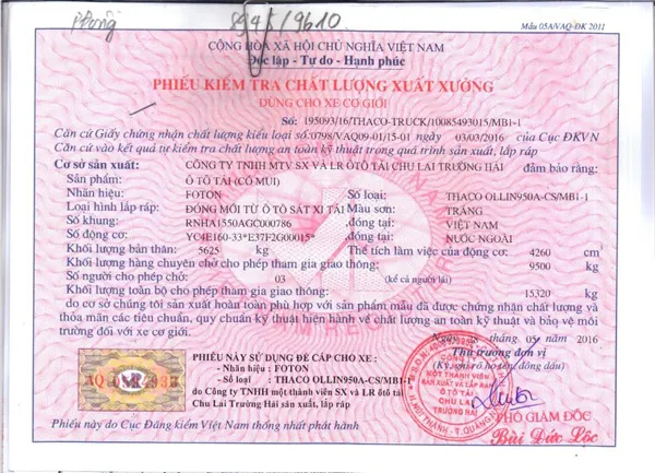 Mẫu phiếu kiểm tra chất lượng xuất xưởng của xe cơ giới