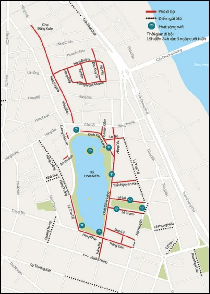 Sơ đồ chi tiết các địa điểm trông giữ chỗ gửi xe ô tô phố đi bộ Hà Nội