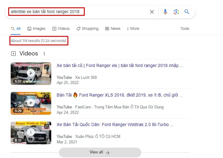 Kết quả tìm kiếm  trên Google, minh họa cho việc so sánh mức độ cạnh tranh của các mẫu xe