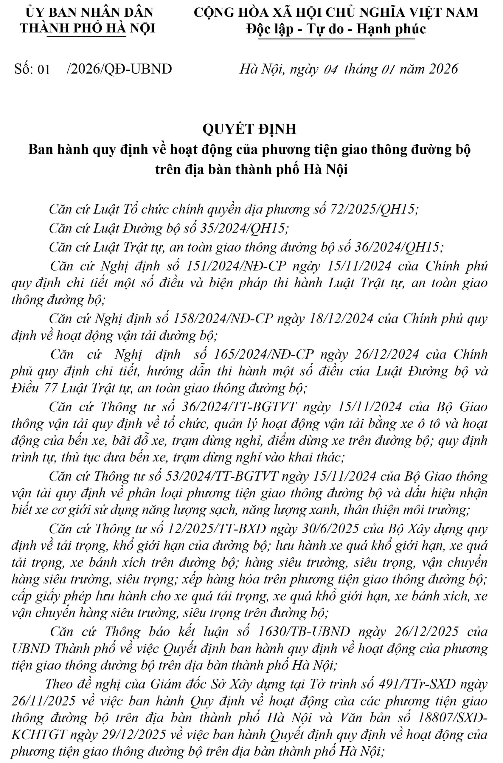 Quyết định hoạt động giao thông đường bộ năm 2026 và giấy phép vào phố cấm Hà Nội