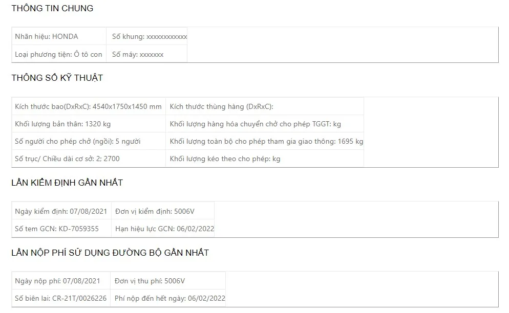 Kết quả sau khi tra cứu thông tin xe ô tô online bao gồm phạt nguội và lịch sử kiểm định