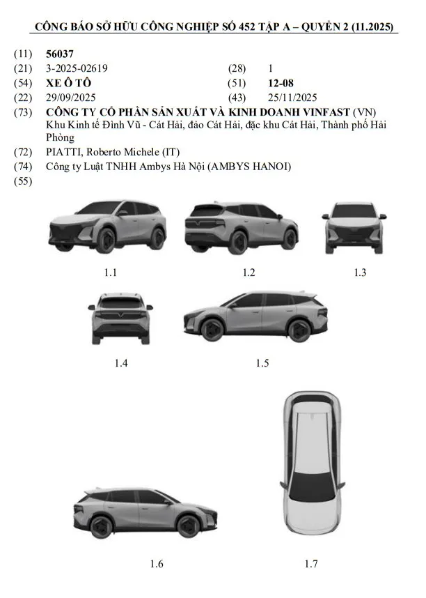 Các hình ảnh đăng ký kiểu dáng công nghiệp về thiết kế xe mới của VinFast.