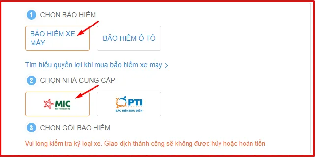 Giao diện mua bảo hiểm xe máy tại Thế Giới Di Động