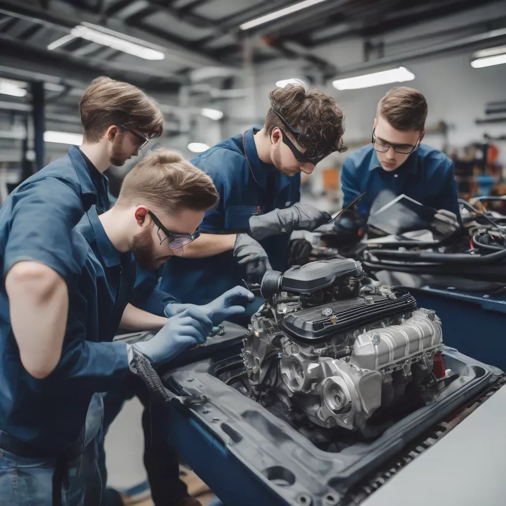 Sinh viên công nghệ ô tô đang sử dụng laptop để học tập và thực hành