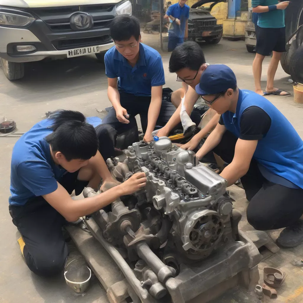 Sinh viên thực hành sửa chữa động cơ xe tải: Khóa học công nghệ kỹ thuật ô tô đại học nông lâm