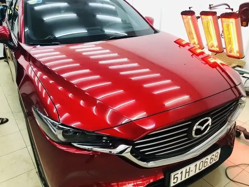 Bề mặt xe ô tô vừa được sơn lại với lớp sơn bóng, phản chiếu ánh sáng