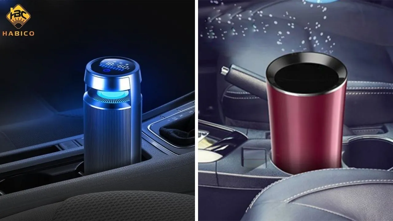 Hình ảnh máy lọc không khí chuyên dụng đặt trên bảng taplo xe ô tô, minh họa giải pháp công nghệ cao