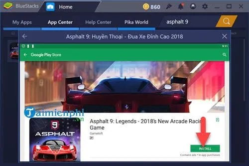 Giao diện Google Play Store trong Bluestacks, hiển thị nút cài đặt game Asphalt 9 Legends