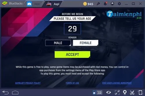 Màn hình nhập thông tin tuổi và giới tính của người chơi trong Asphalt 9 Legends