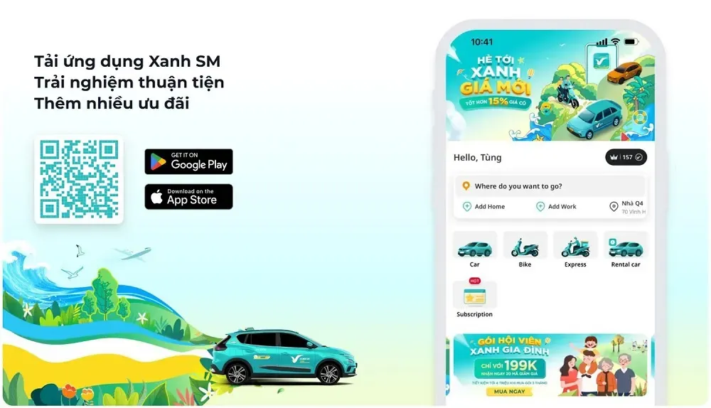Tải ngay ứng dụng Xanh SM trên Google Play hoặc App Store để đặt xe nhanh chóng và nhận nhiều voucher khuyến mãi, tương tự như việc tìm kiếm ưu đãi cho dịch vụ giặt nệm xe ô tô chất lượng