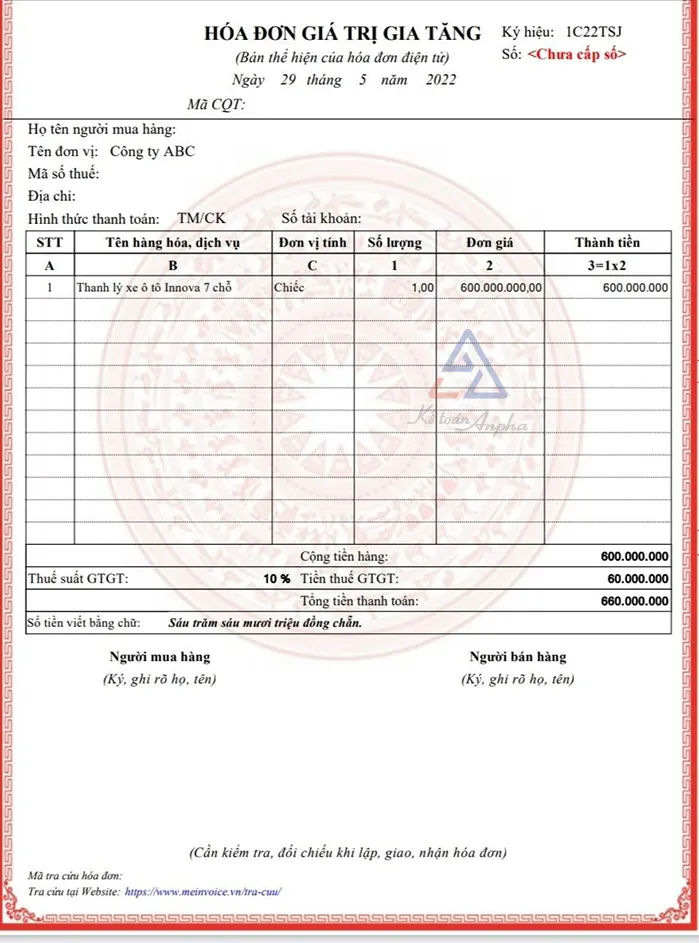 Mẫu hóa đơn bán xe ô tô