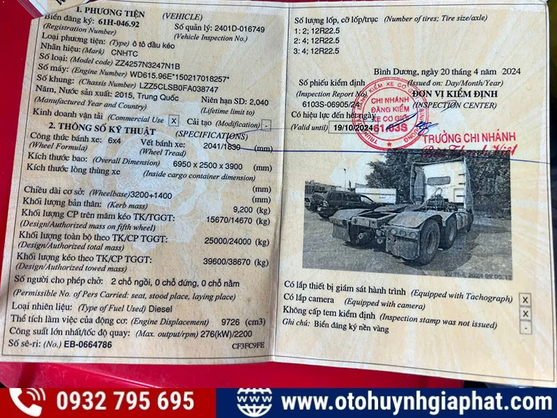 Sổ đăng kiểm Xe HOWO 2015