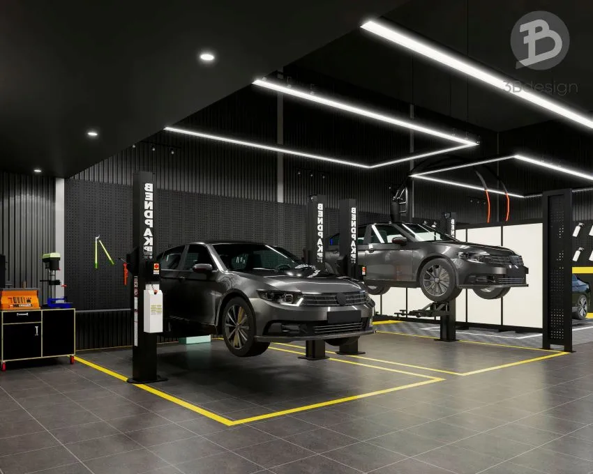 Khu vực sửa chữa xe được phân khu rõ ràng trong xưởng