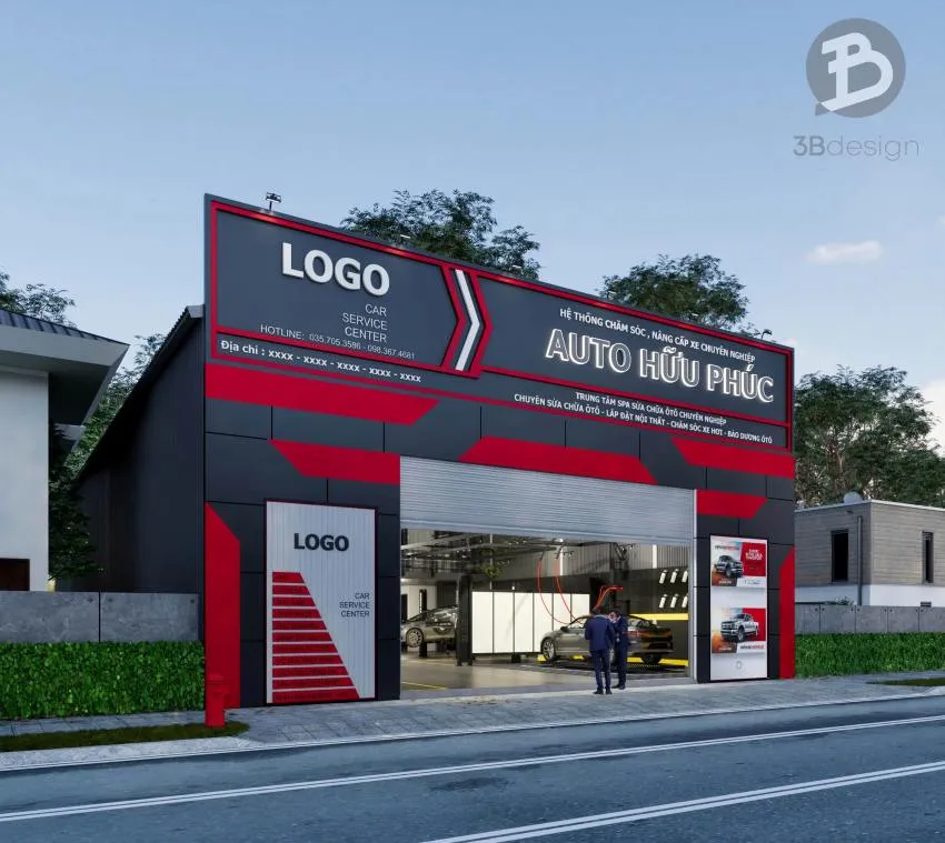 Thiết kế mặt tiền xưởng gara sửa chữa ô tô hiện đại