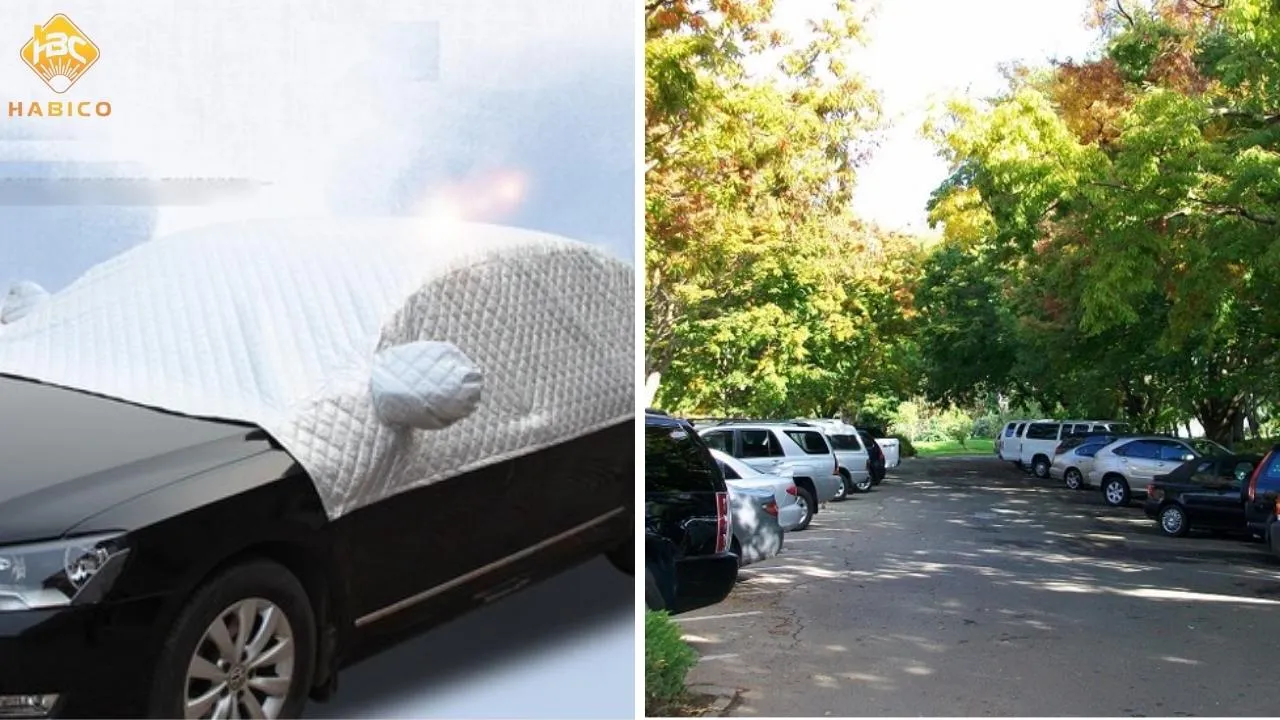 Hình ảnh chiếc xe ô tô đang mở hết cửa, nắp capo để thông gió và phơi ngoài trời, tập trung vào việc lưu thông không khí