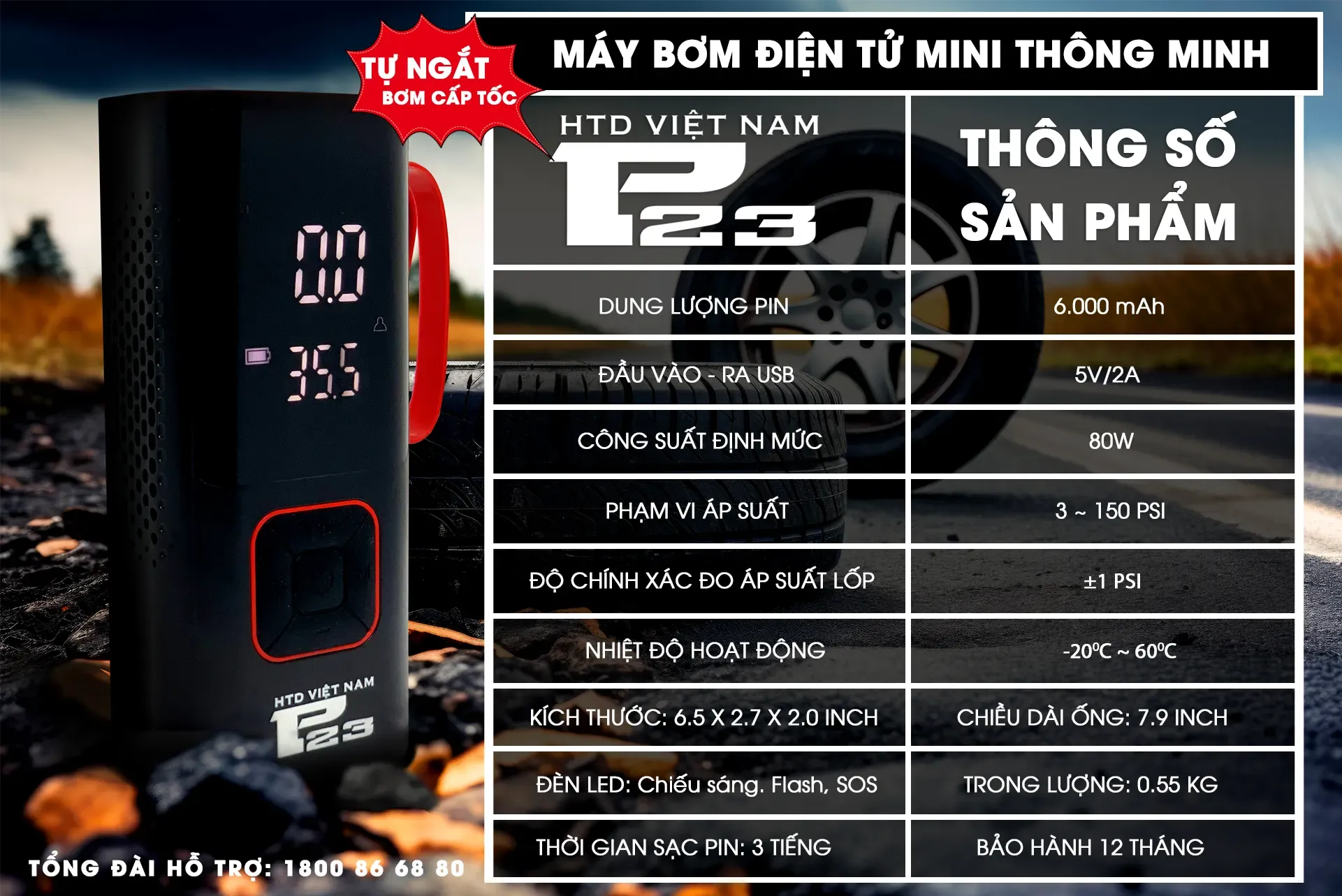 Thông số kỹ thuật của bơm xe ô tô mini HTD P23